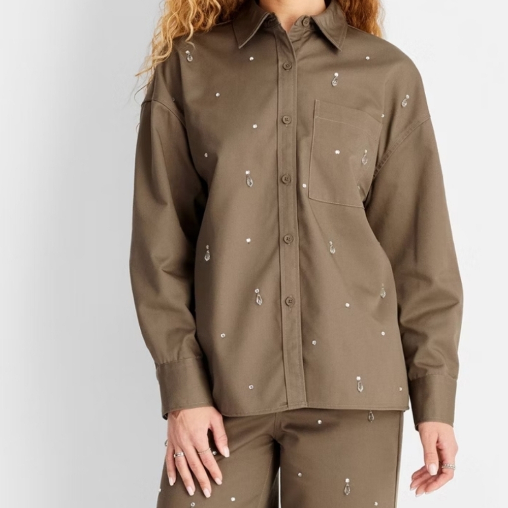 Women's Holiday Embellished Twill Shacket - Future Collective Olive Green XL